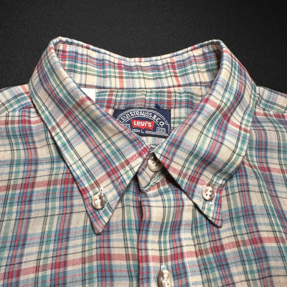 Vtg Levi Strauss‎ & Co Button Shirt Mens L Regular Tan Blue Red Plaid Cotton USA - Picture 8 of 14